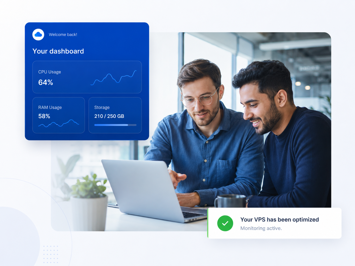 Managed Cloud VPS dashboard, monitoring, and optimization visual