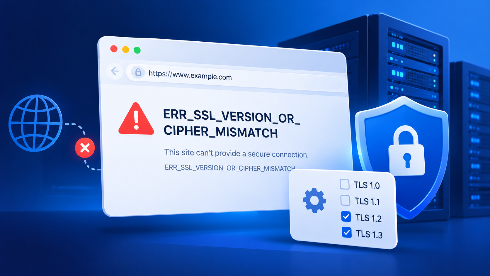 Illustration de l'erreur de navigateur « ERR_SSL_VERSION_OR_CIPHER_MISMATCH » montrant la configuration SSL/TLS, l'échec de la connexion HTTPS et la version TLS prise en charge