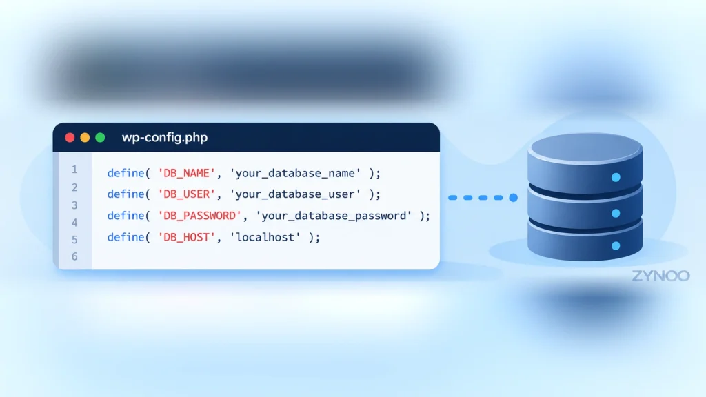 Configurazione del database nel file wp-config.php di WordPress, con le impostazioni DB_NAME, DB_USER, DB_PASSWORD e DB_HOST