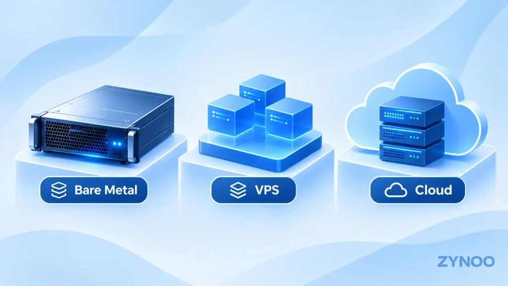 Grafische Darstellung zum Vergleich von Bare-Metal-Servern, VPS-Hosting und Cloud-Infrastruktur.