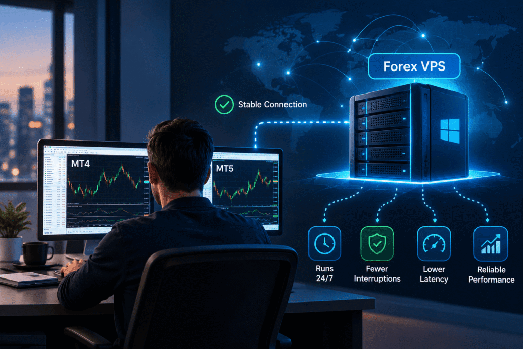 Ilustração da hospedagem VPS Forex mostrando as plataformas de negociação MT4 e MT5 conectadas a um servidor VPS Windows remoto.